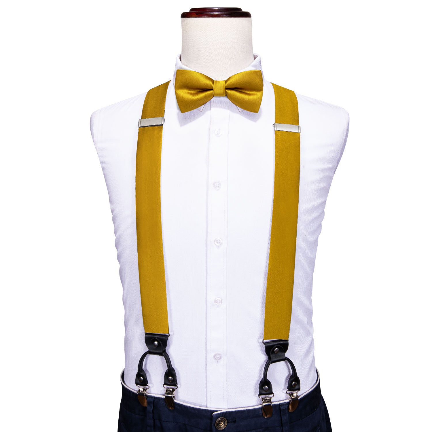 Gold Yellow Solid Y Back Adjustable Bow Tie Suspenders Set