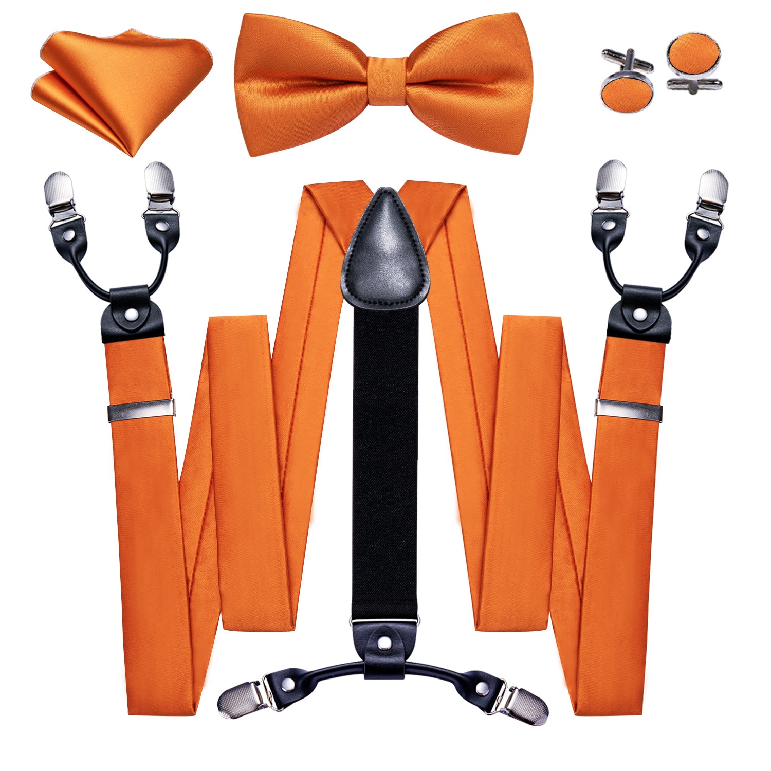 Orange Solid Y Back Adjustable Bow Tie Suspenders Set