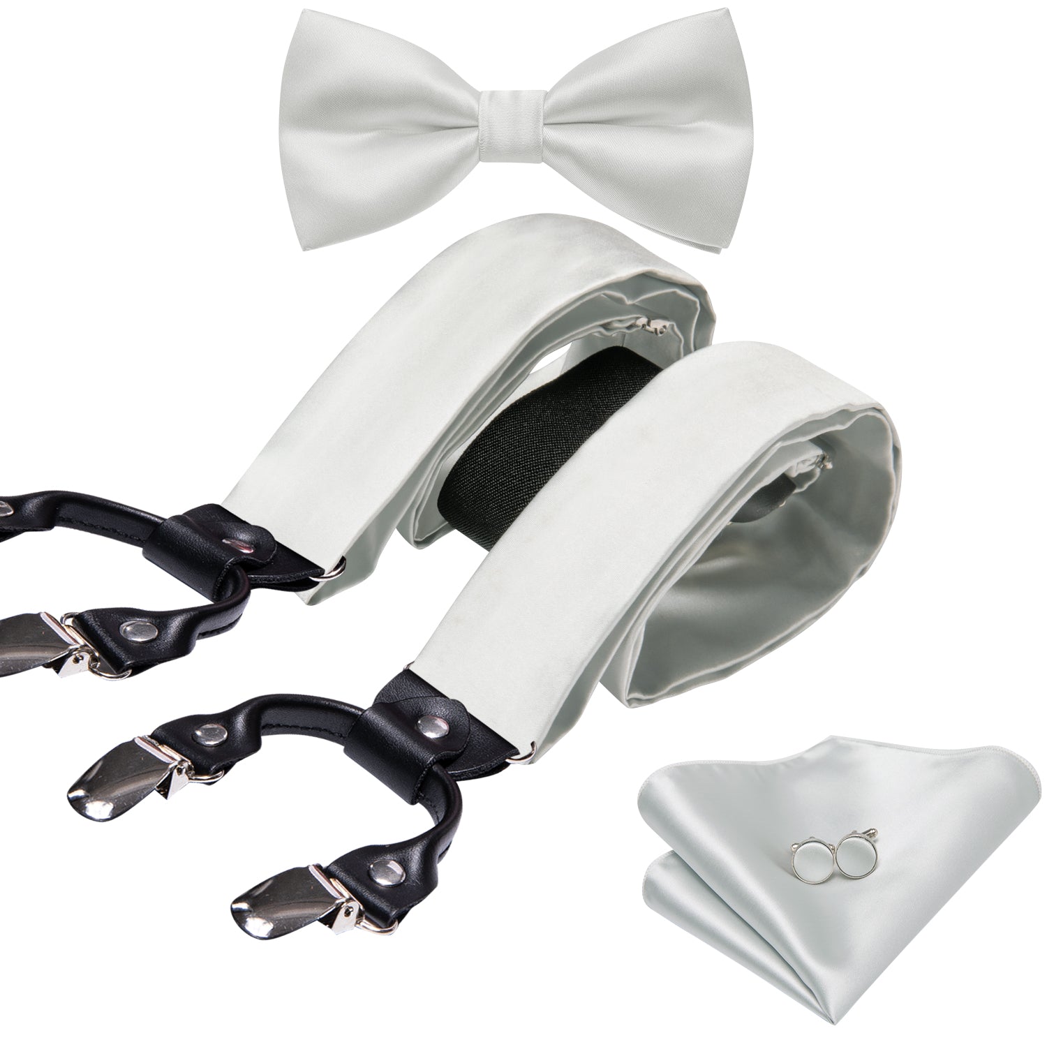 White Solid Y Back Adjustable Bow Tie Suspenders Set