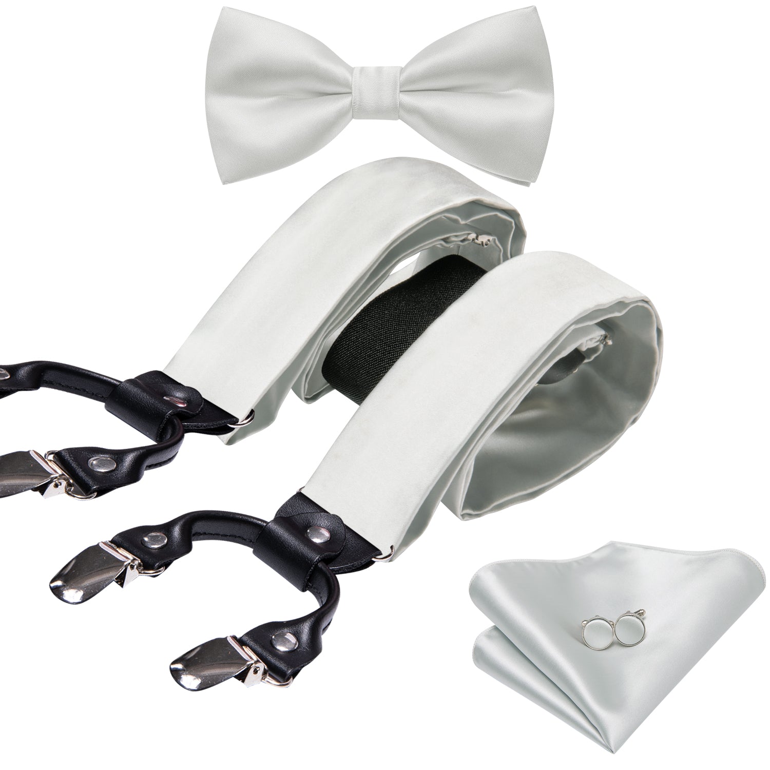 White Solid Wedding Y Back Adjustable Bowtie Suspenders Set