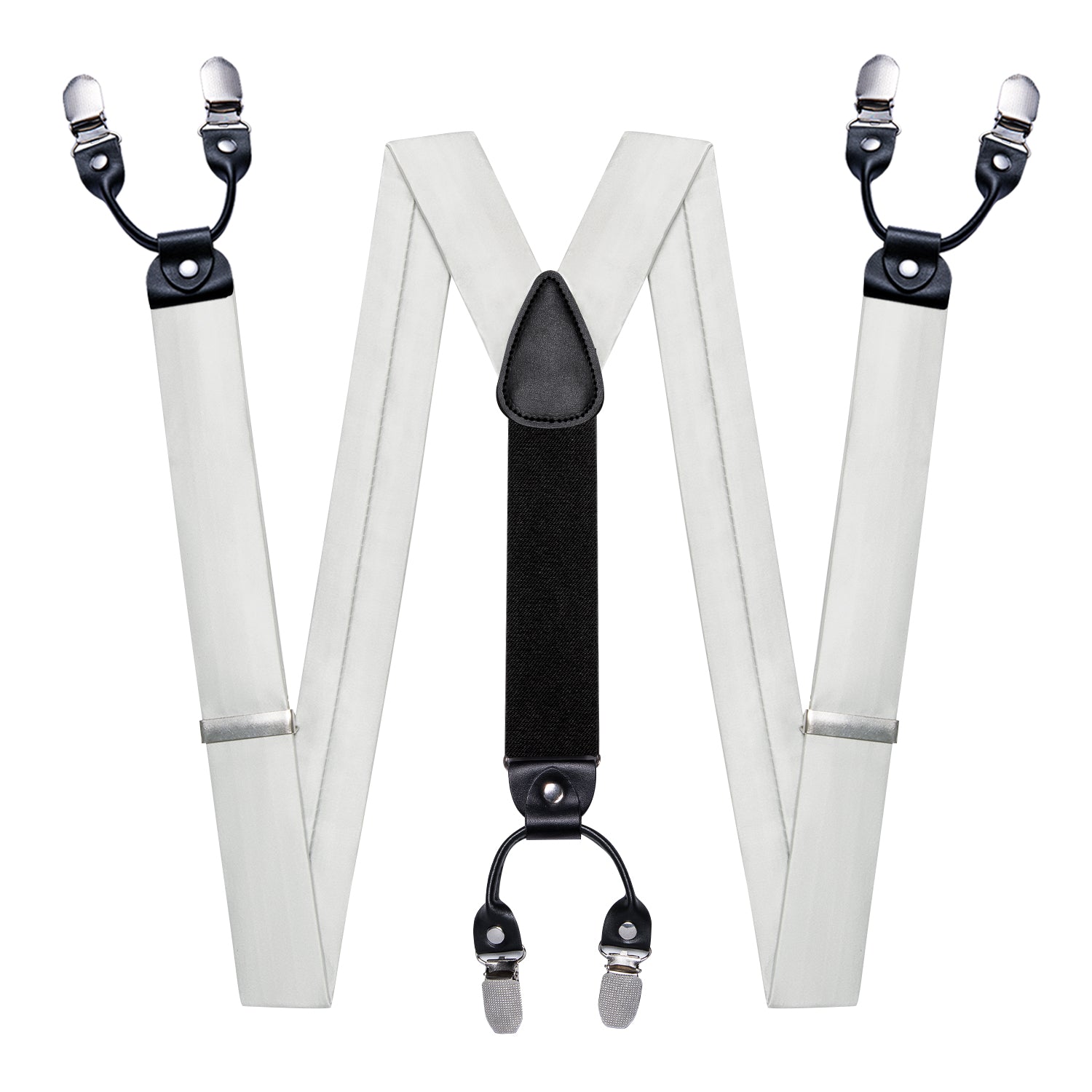 White Solid Wedding Y Back Adjustable Bowtie Suspenders Set