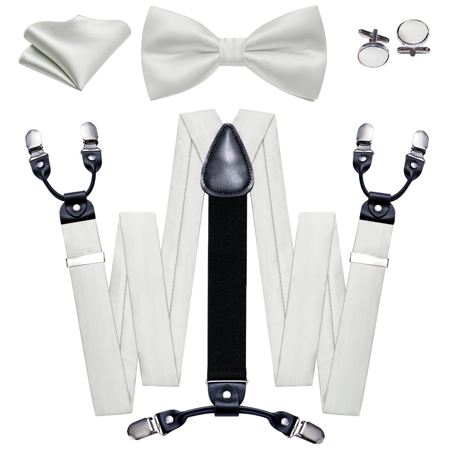 White Solid Y Back Adjustable Bow Tie Suspenders Set