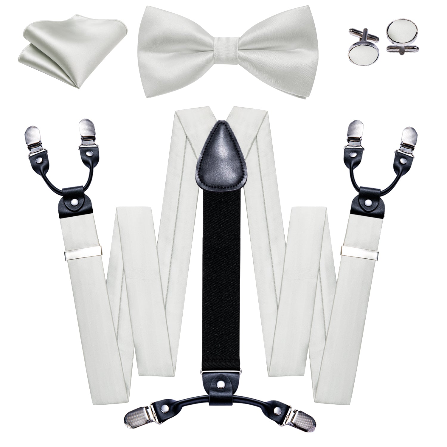 White Solid Wedding Y Back Adjustable Bowtie Suspenders Set