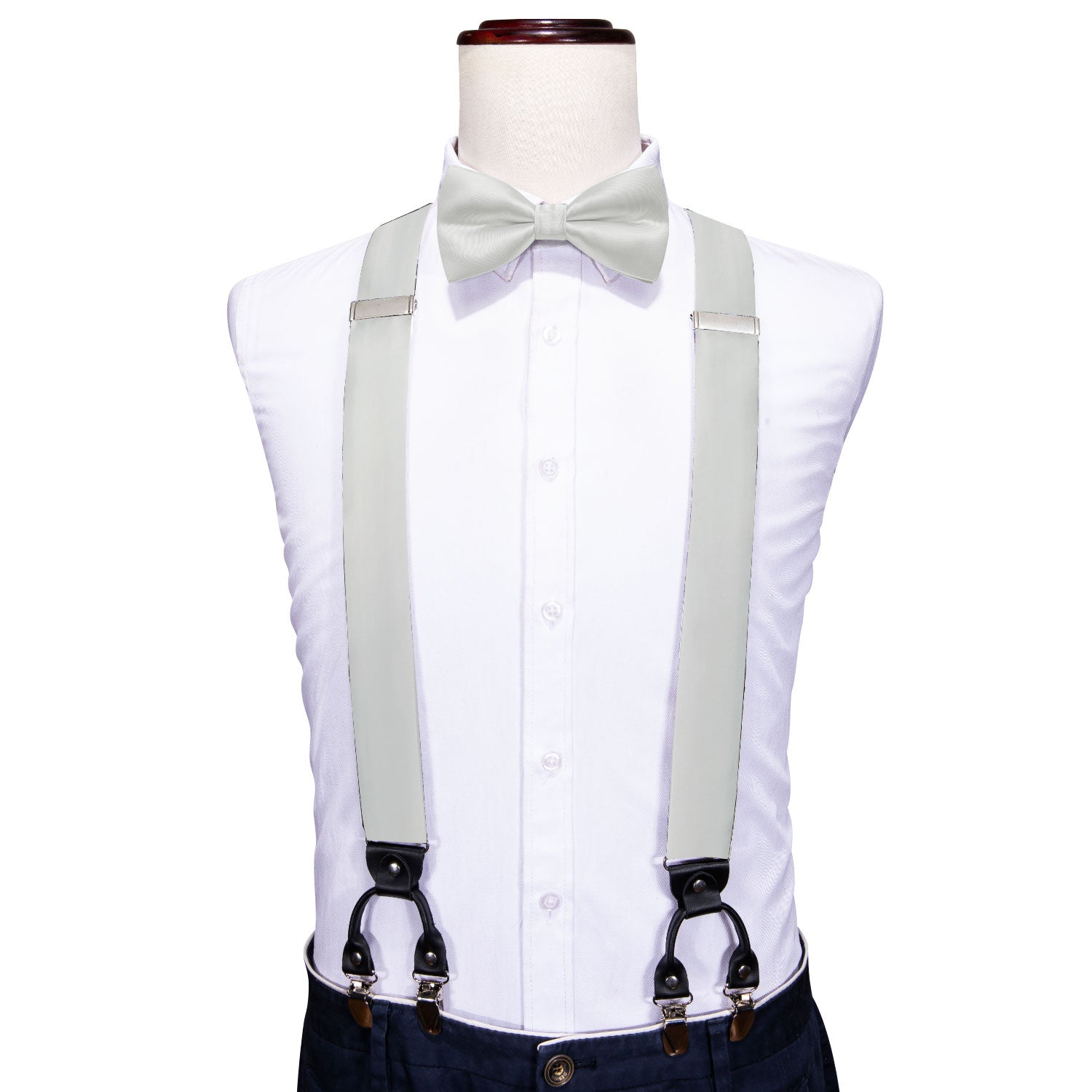 White Solid Wedding Y Back Adjustable Bowtie Suspenders Set
