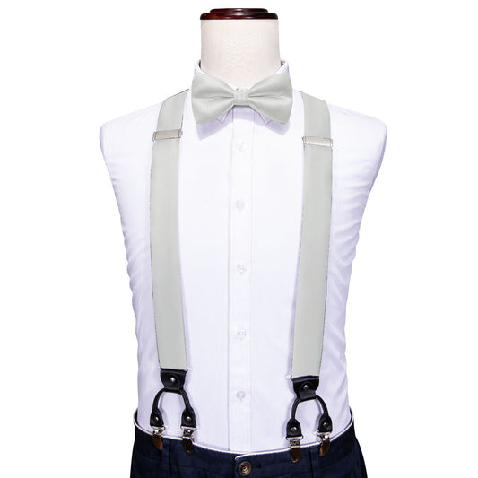 White Solid Wedding Y Back Adjustable Bowtie Suspenders Set