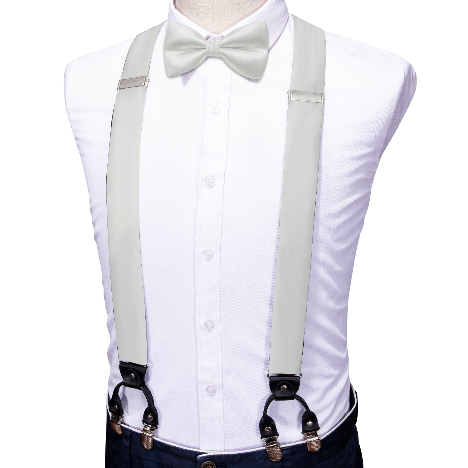 White Solid Wedding Y Back Adjustable Bowtie Suspenders Set