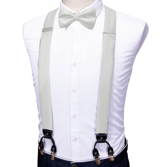 White Solid Wedding Y Back Adjustable Bowtie Suspenders Set