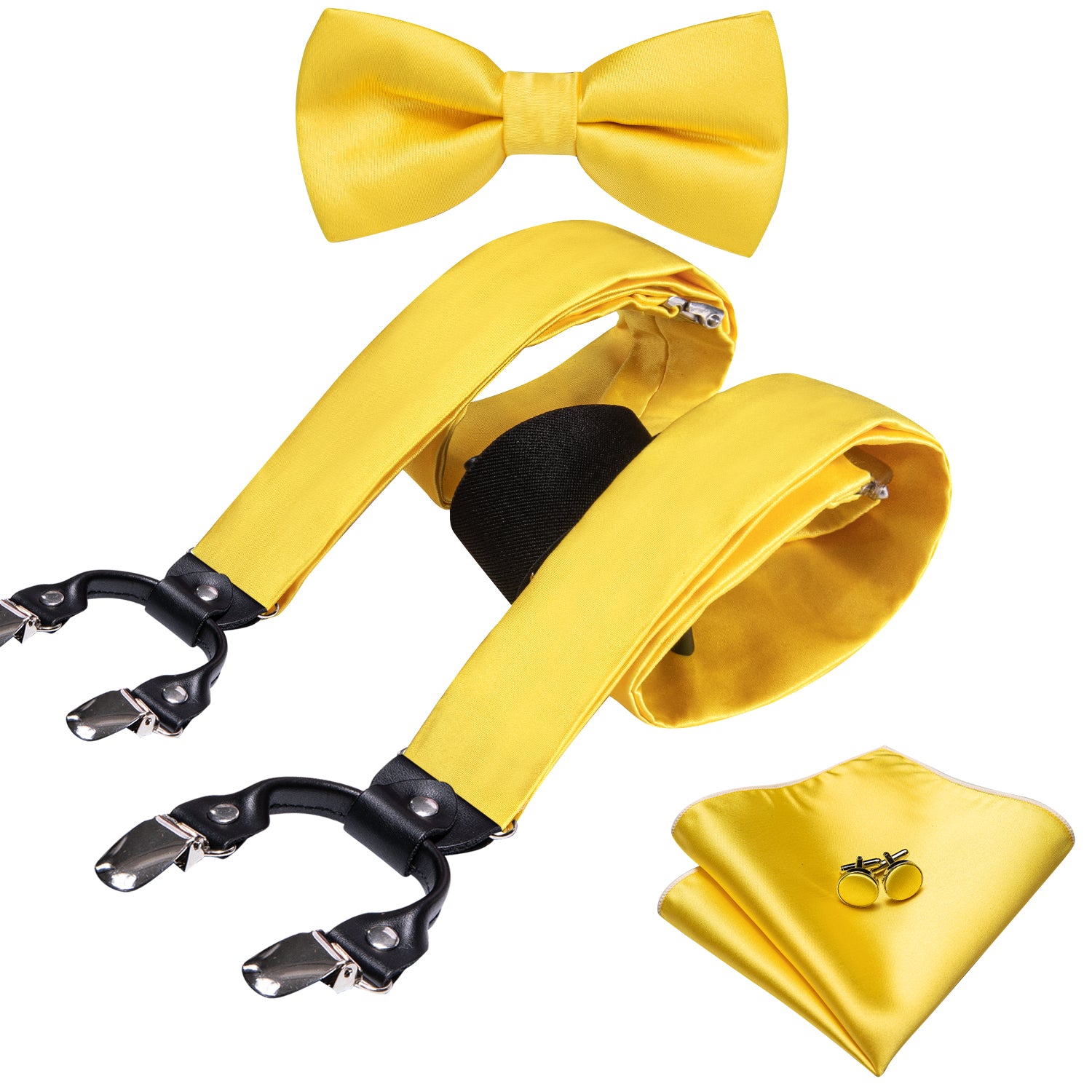 Yellow Solid Y Back Adjustable Bow Tie Suspenders Set