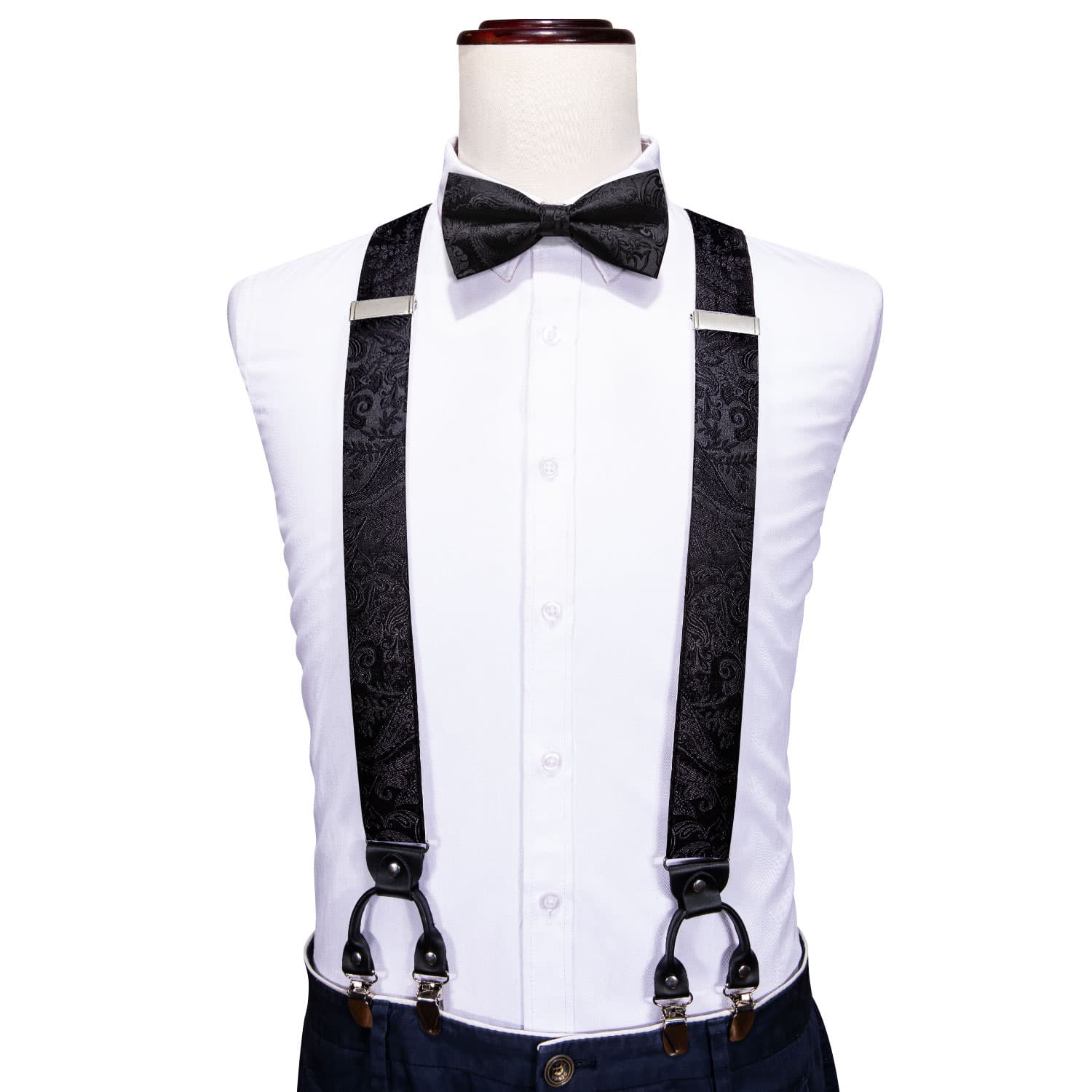 suspender and long sleeve white shirt