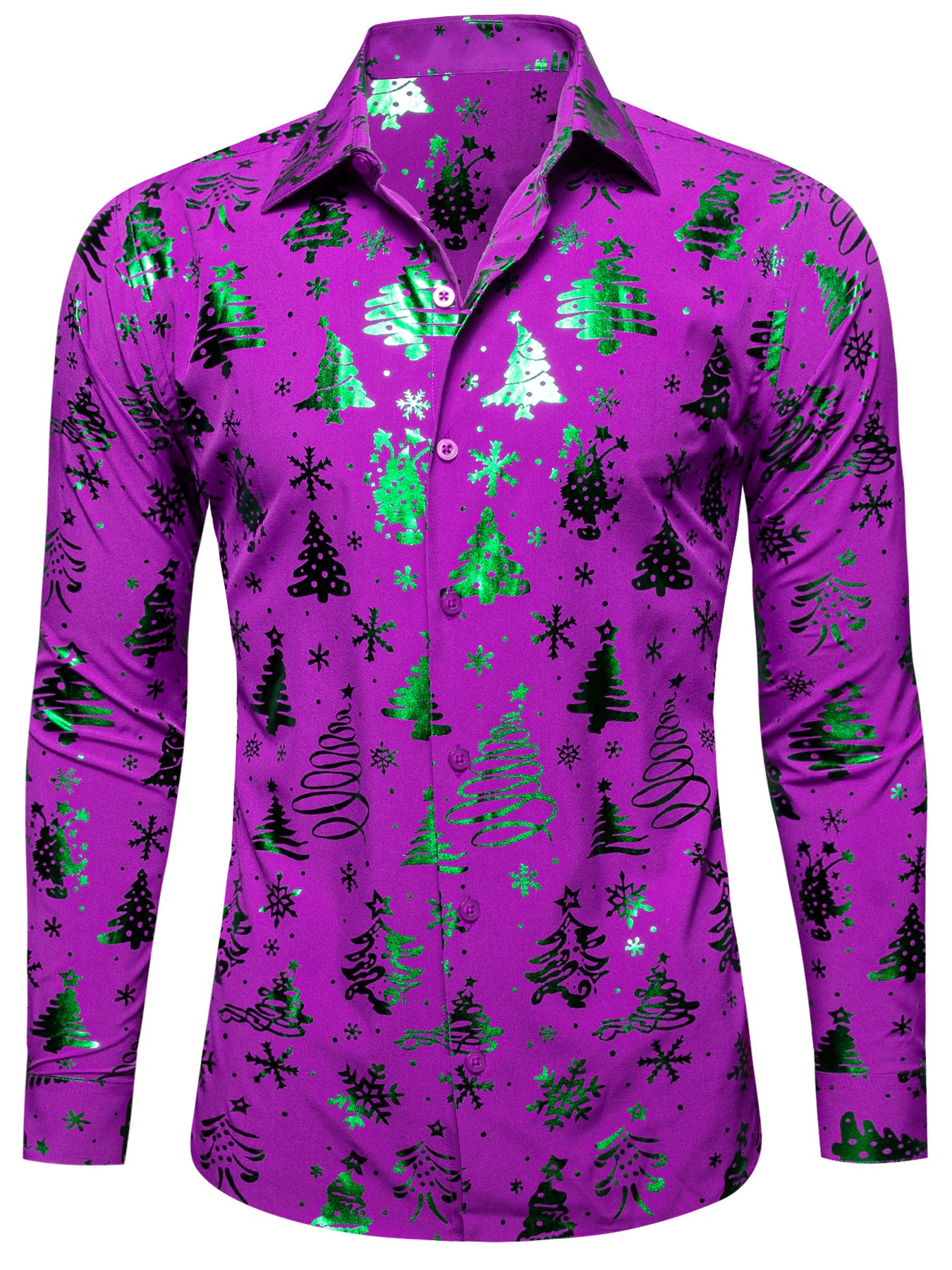 Barry. Wang Holiday Purple Dress Shirt Green Snowflake Tree Pattern Long Sleeve Shirt