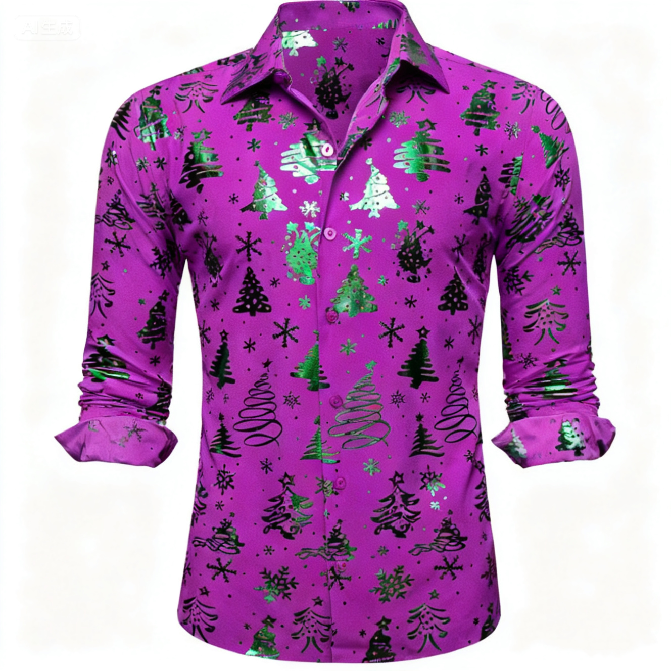 Barry. Wang Holiday Purple Dress Shirt Green Snowflake Tree Pattern Long Sleeve Shirt