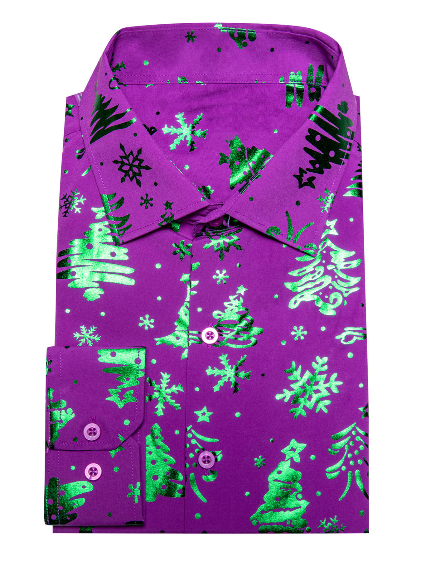 Barry. Wang Holiday Purple Dress Shirt Green Snowflake Tree Pattern Long Sleeve Shirt