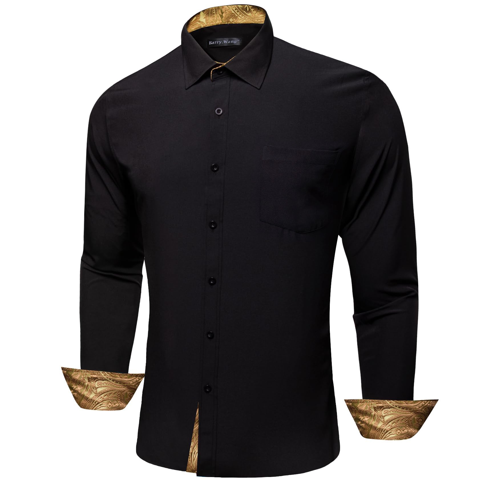 Barry. Wang Black Gold Splicing Shirt Mens Silk Long Sleeve Button Down Business Shirt
