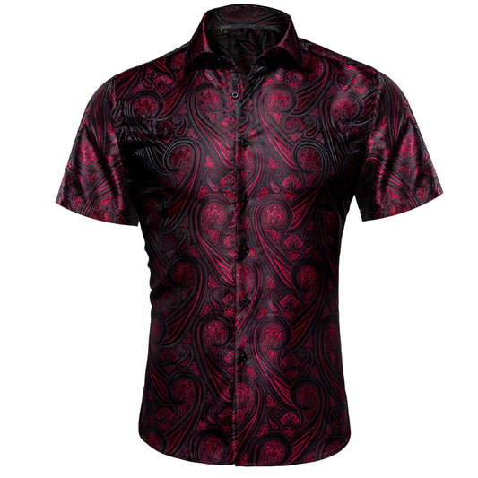 Barry. Wang Mens Western Shirt Silk Burgundy Paisley Short Sleeve Button Down Dress Shirt
