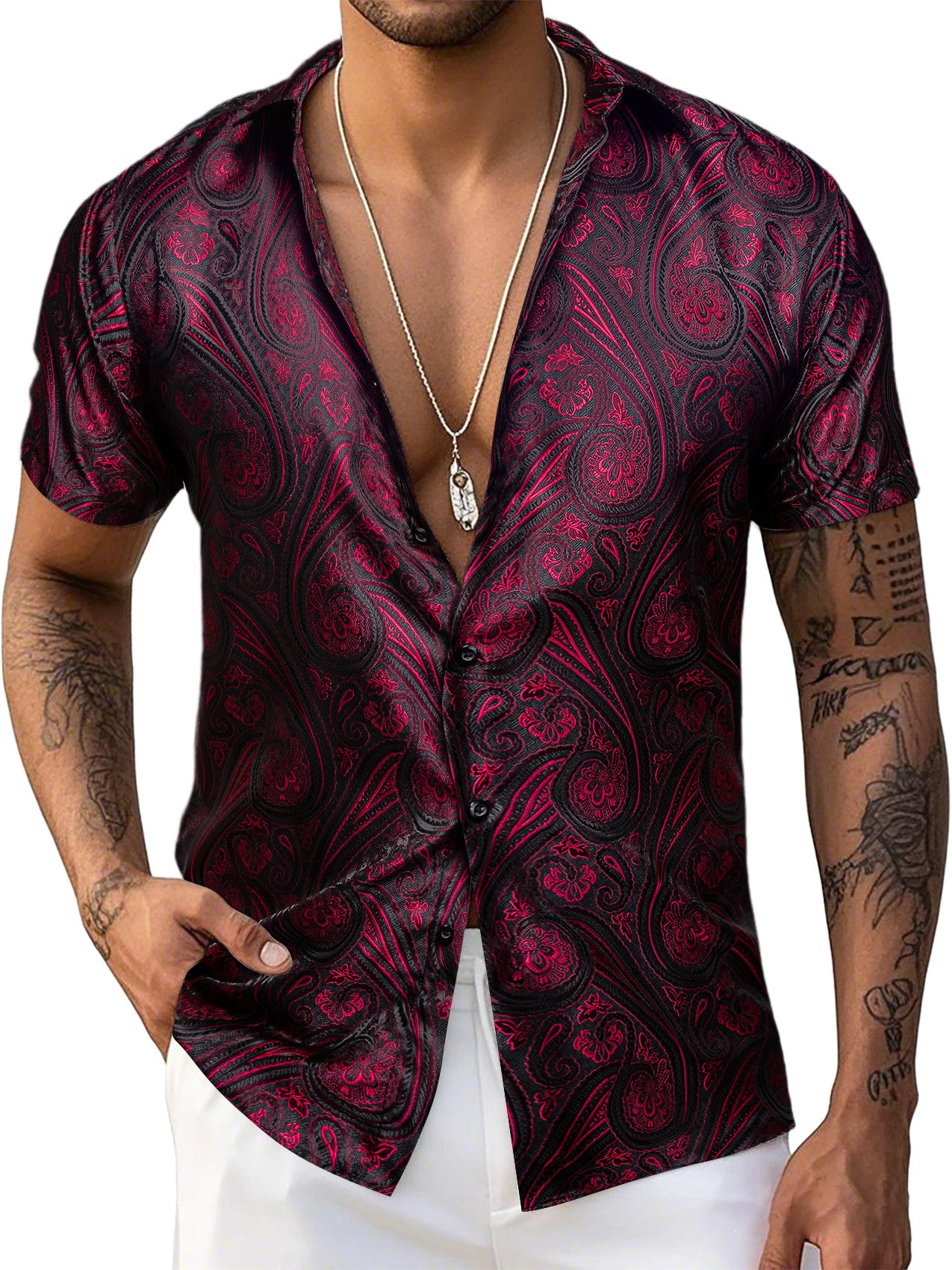 Barry. Wang Burgundy Black Paisley Jacquard Short Sleeve Button Up Shirt