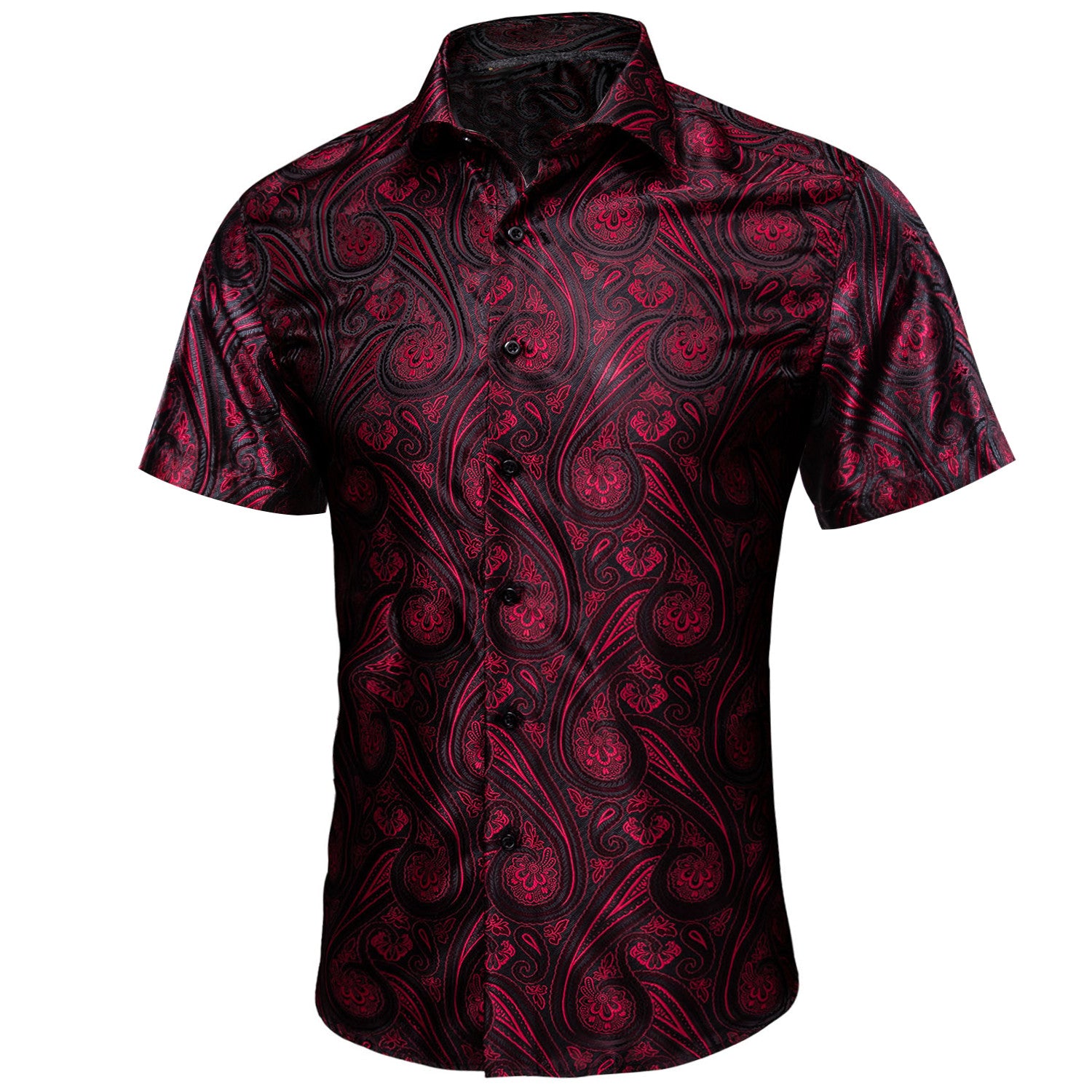 Barry. Wang Burgundy Black Paisley Jacquard Short Sleeve Button Up Shirt
