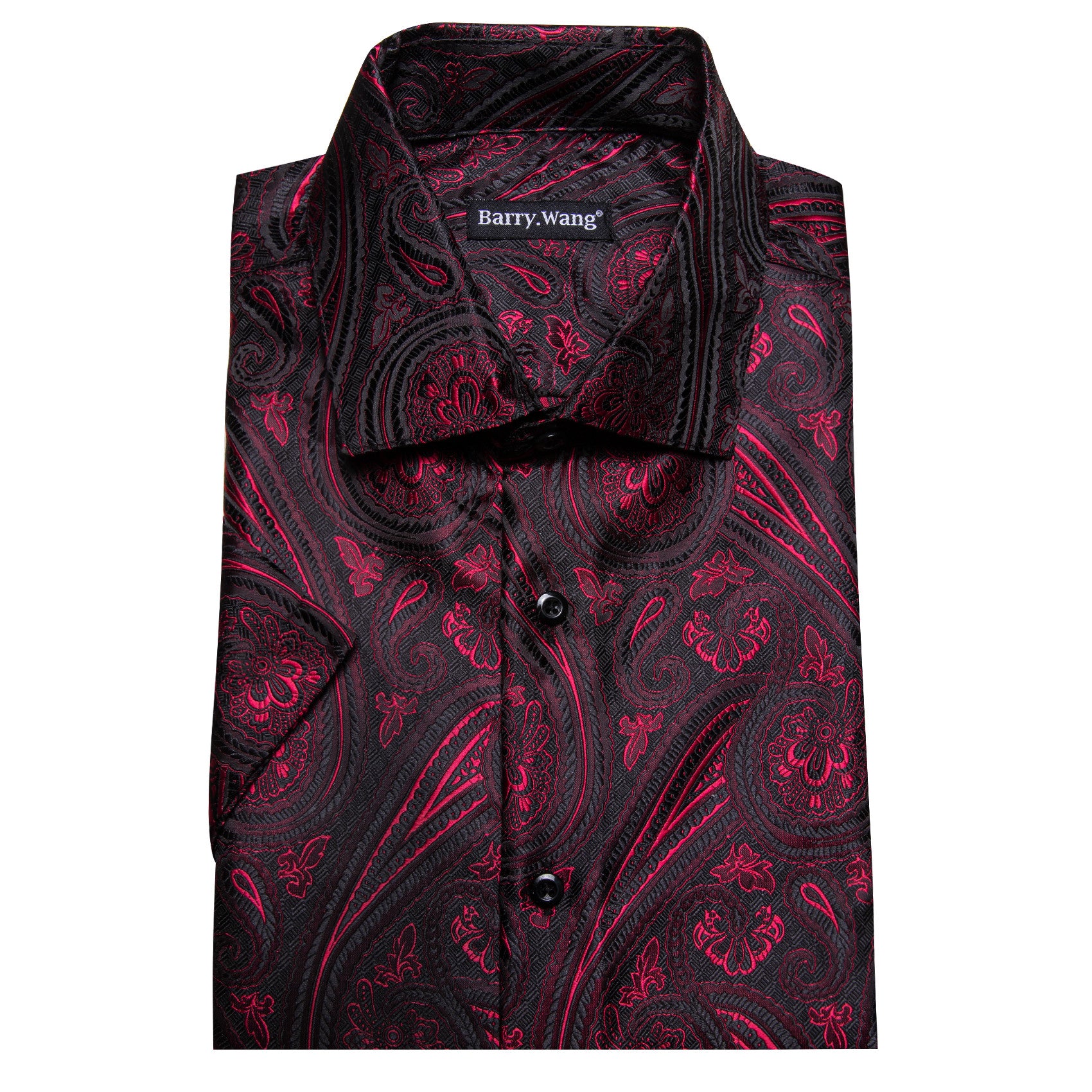 Barry. Wang Burgundy Black Paisley Jacquard Short Sleeve Button Up Shirt