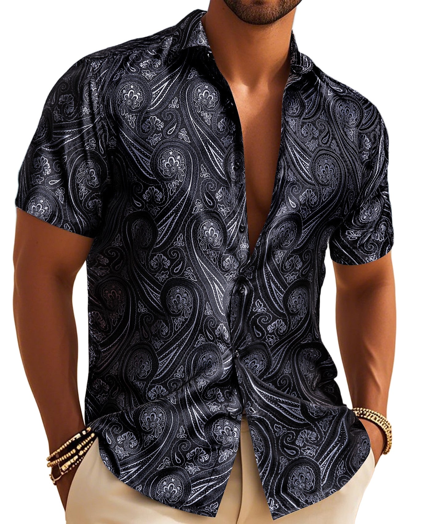 Barry. Wang Black White Paisley Jacquard Short Sleeve Button Up Shirt