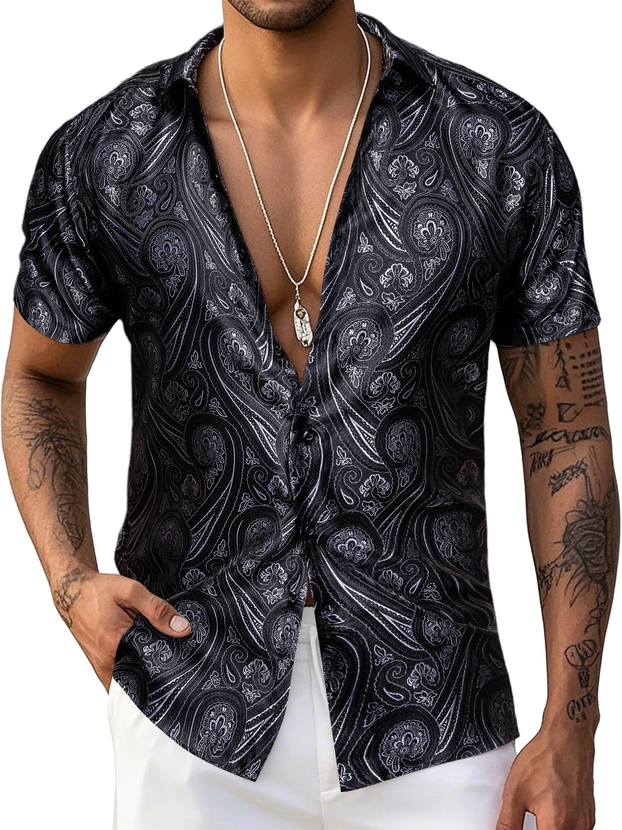 Barry. Wang Black White Paisley Jacquard Short Sleeve Button Up Shirt
