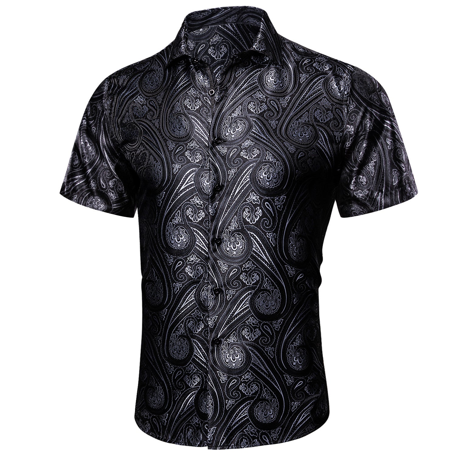 Barry. Wang Black White Paisley Jacquard Short Sleeve Button Up Shirt