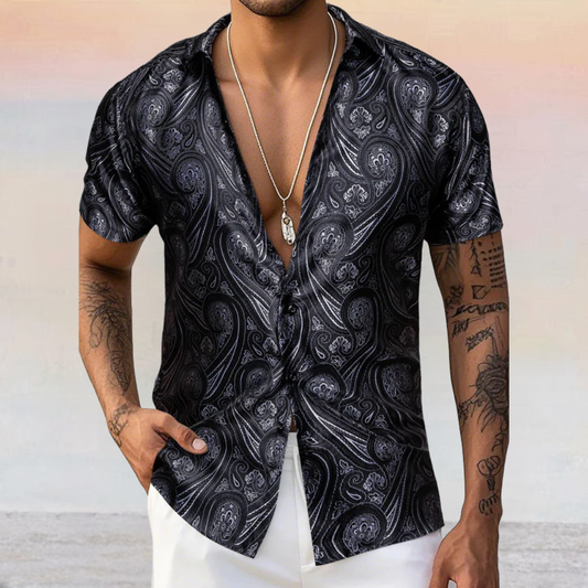 Barry. Wang Mens Western Shirt Black Grey Paisley Short Sleeve Button Down Dress Shirt
