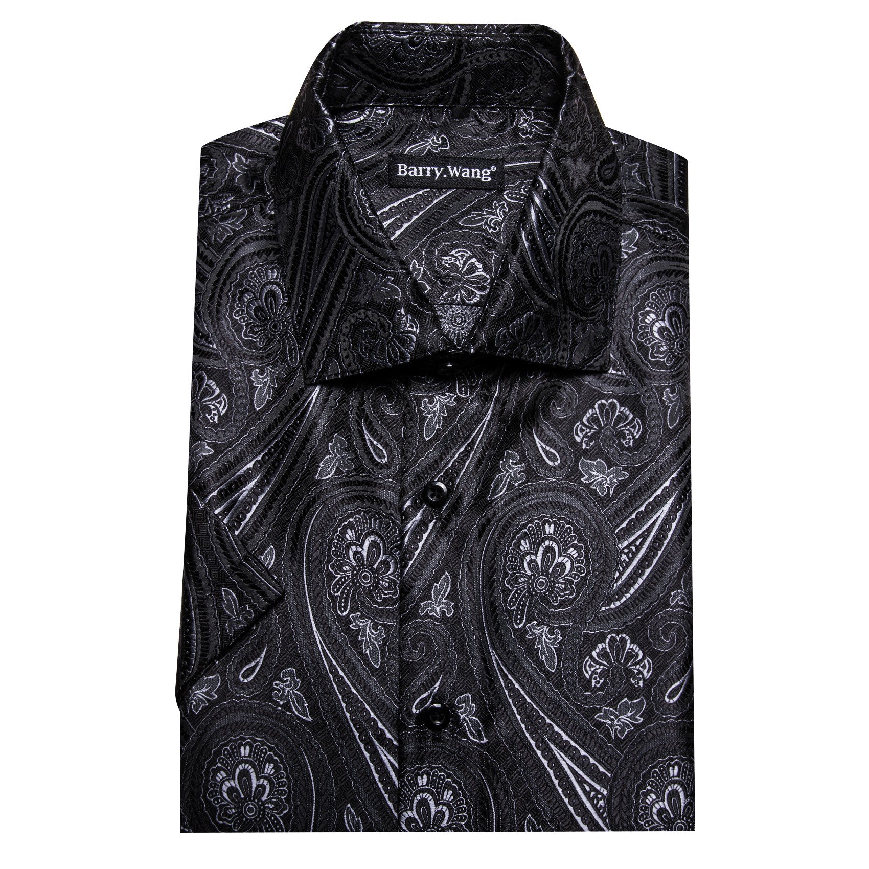 Barry. Wang Black White Paisley Jacquard Short Sleeve Button Up Shirt