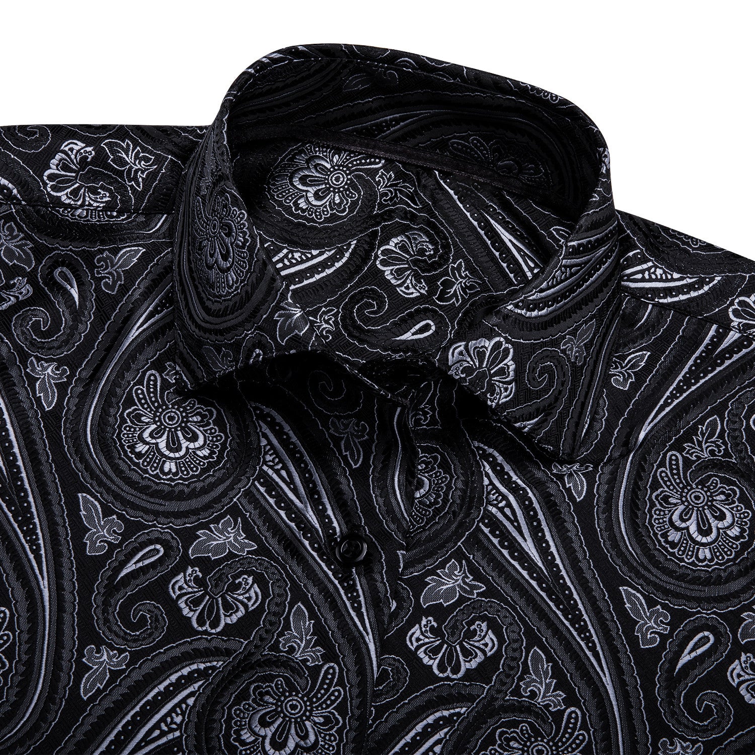 Barry. Wang Black White Paisley Jacquard Short Sleeve Button Up Shirt