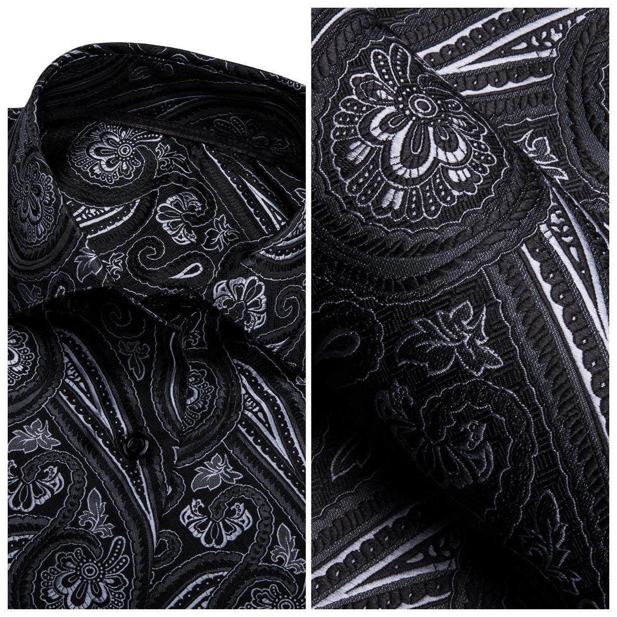 Barry. Wang Black White Paisley Jacquard Short Sleeve Button Up Shirt