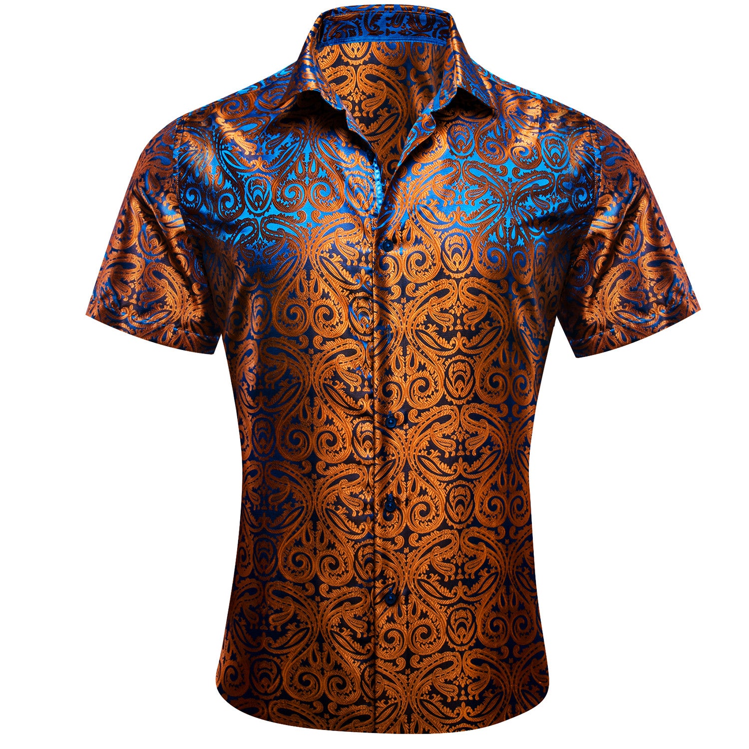 Barry. Wang Mens Silk Shirt Brown Paisley Jacquard Short Sleeve Shirt