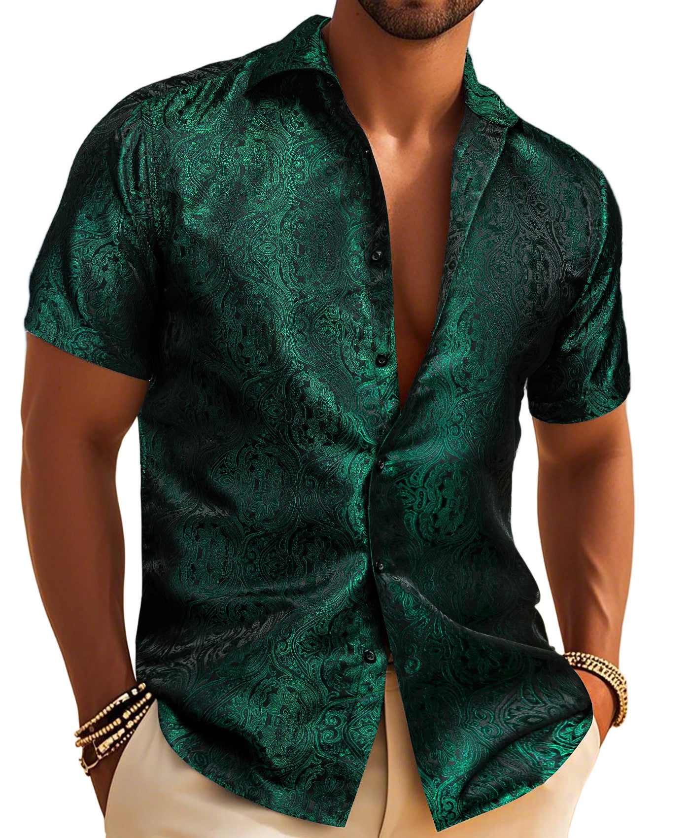 Barry. Wang Hunter Green Floral Jacquard Short Sleeve Button Up Shirt