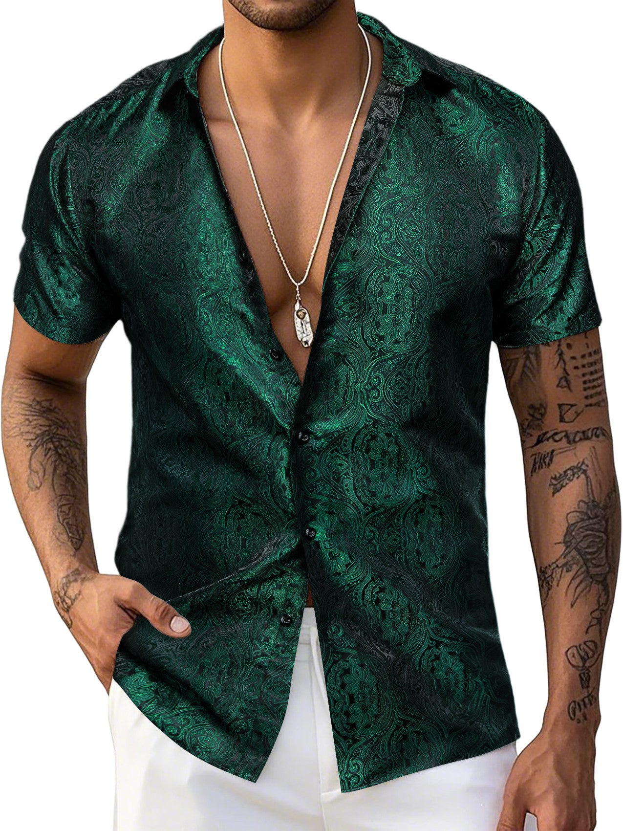 Barry. Wang Hunter Green Floral Jacquard Short Sleeve Button Up Shirt
