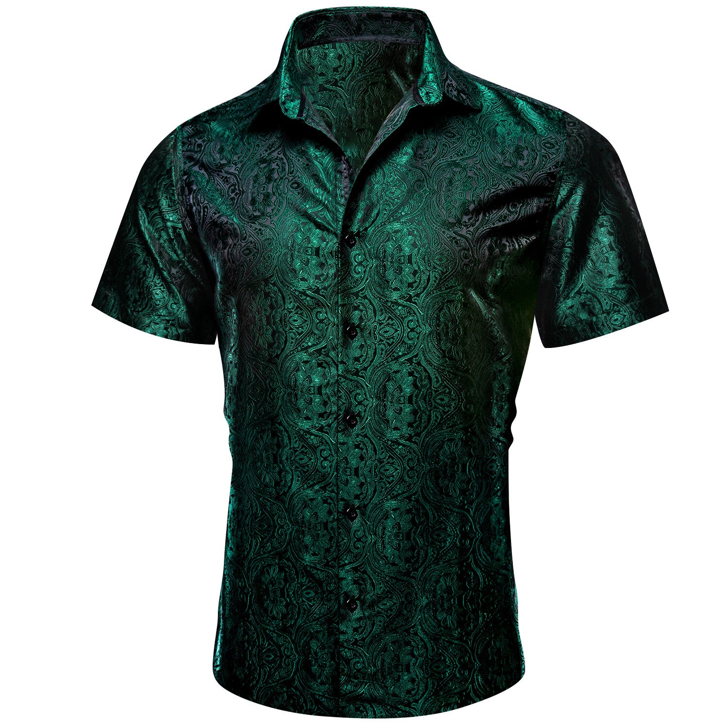 Barry. Wang Hunter Green Floral Jacquard Short Sleeve Button Up Shirt