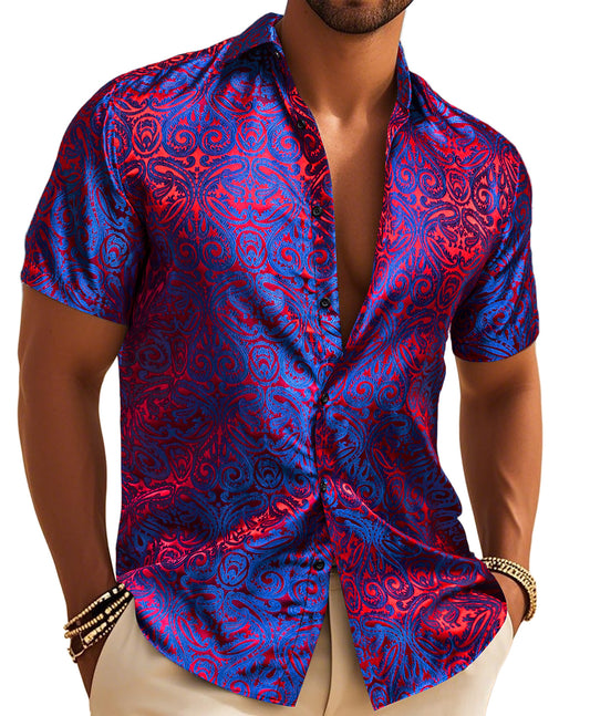 Barry. Wang Mens Paisley Dress Shirt Purple 70s Disco Short Sleeve Button Down Shirt