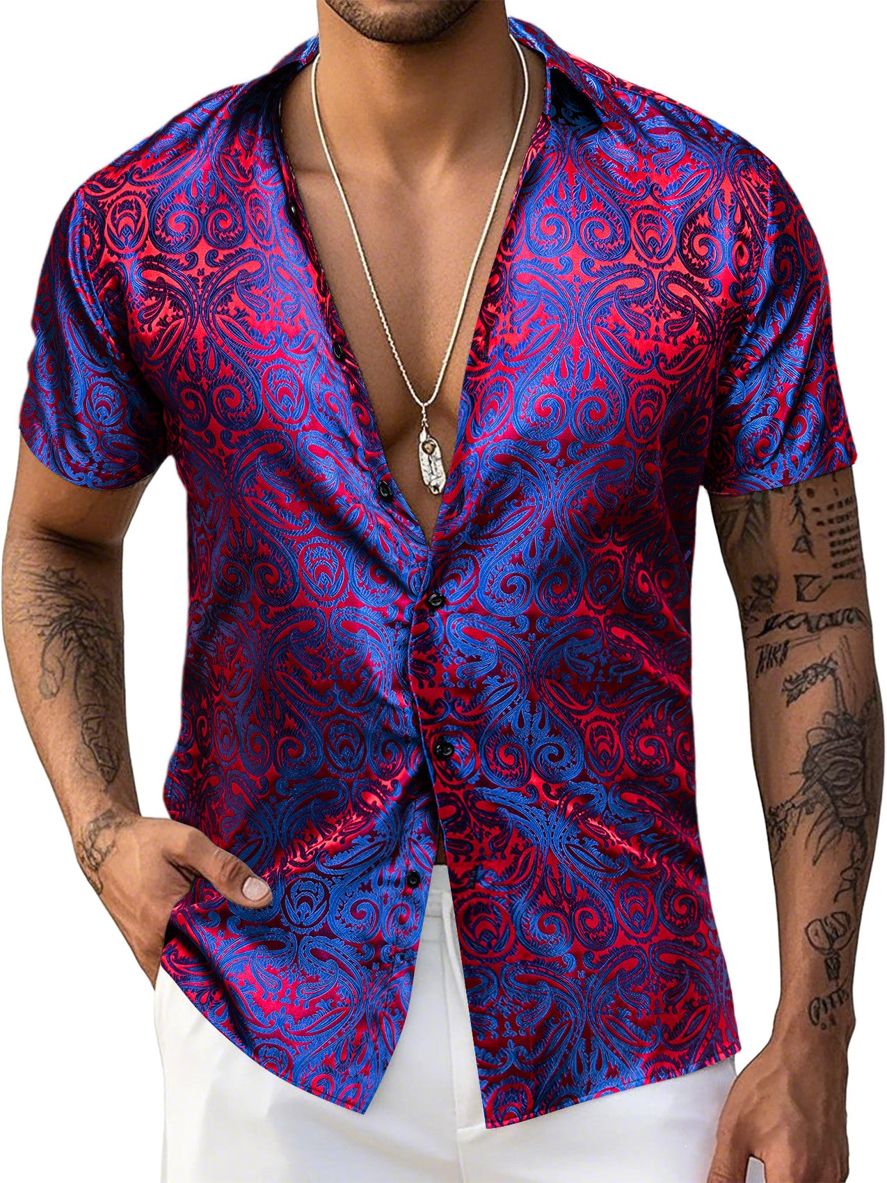 Barry. Wang Royal Blue Coral Red Paisley Jacquard Short Sleeve Button Up Shirt