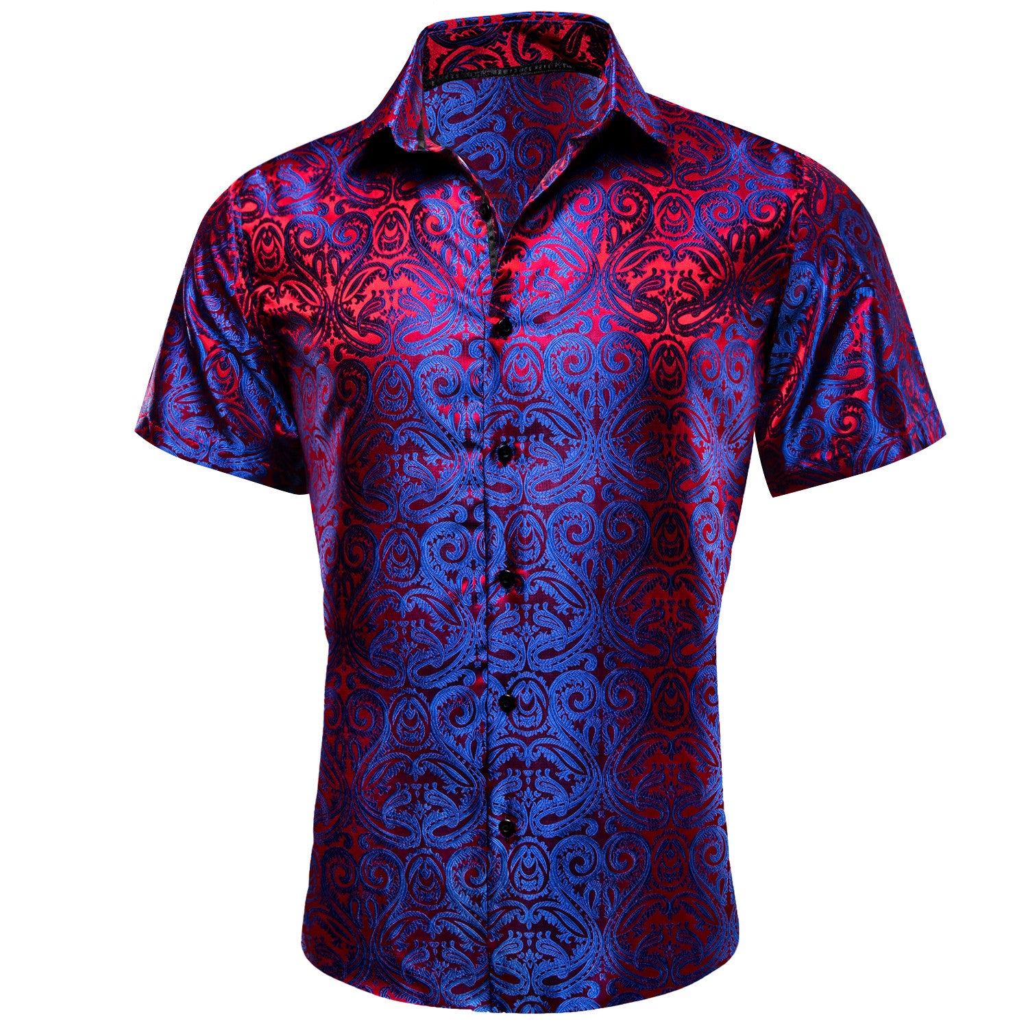 Barry. Wang Royal Blue Coral Red Paisley Jacquard Short Sleeve Button Up Shirt