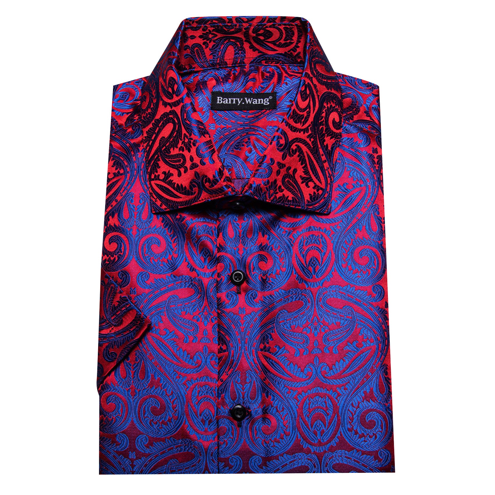 Barry. Wang Royal Blue Coral Red Paisley Jacquard Short Sleeve Button Up Shirt