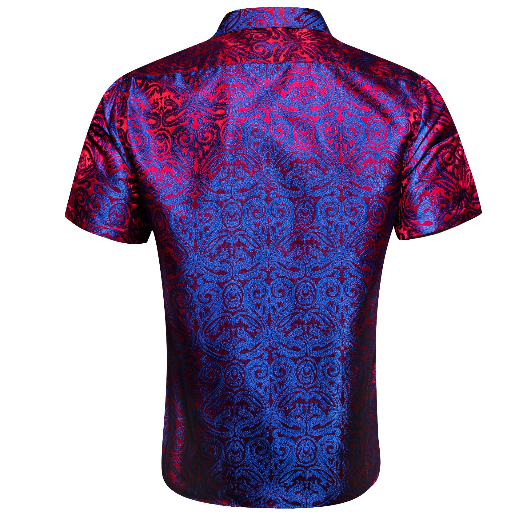 Barry. Wang Royal Blue Coral Red Paisley Jacquard Short Sleeve Button Up Shirt