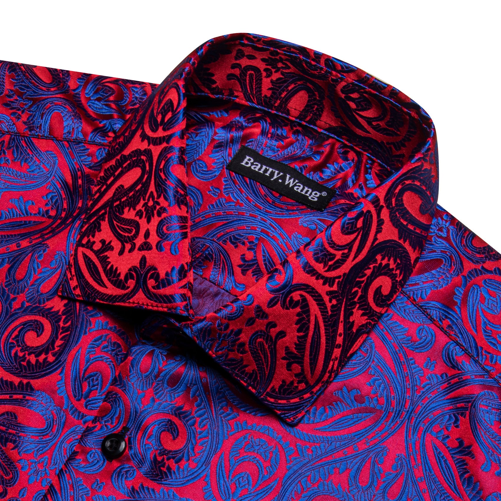 Barry. Wang Royal Blue Coral Red Paisley Jacquard Short Sleeve Button Up Shirt