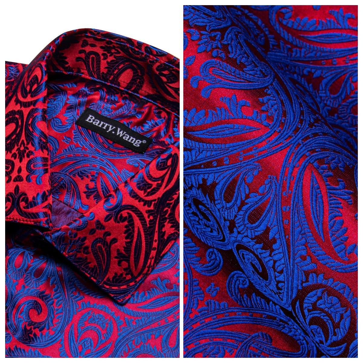 Barry. Wang Royal Blue Coral Red Paisley Jacquard Short Sleeve Button Up Shirt