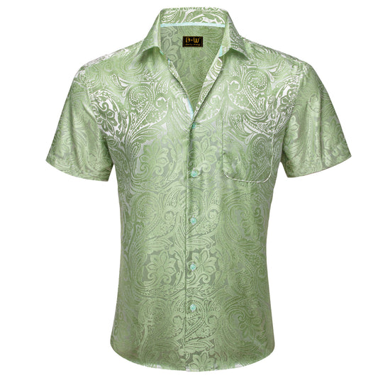 Barry. Wang Moss Green Paisley Jacquard Short Sleeve Button Up Shirt for Men