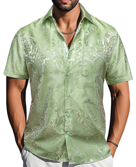 Barry. Wang Moss Green Paisley Jacquard Short Sleeve Button Up Shirt for Men