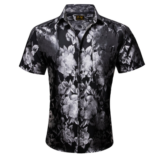 Barry. Wang Grey Black Floral Jacquard Short Sleeve Button Up Shirt for Men