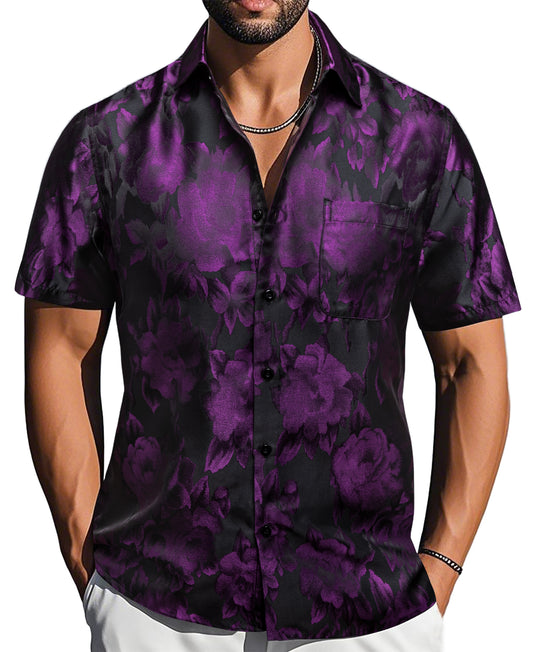 Barry. Wang Purple Black Floral Jacquard Short Sleeve Button Up Shirt for Men