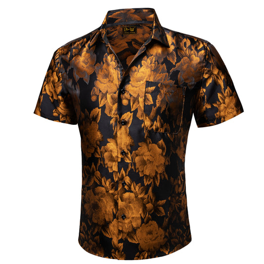 Barry. Wang Gold Black Floral Jacquard Short Sleeve Button Up Shirt for Men