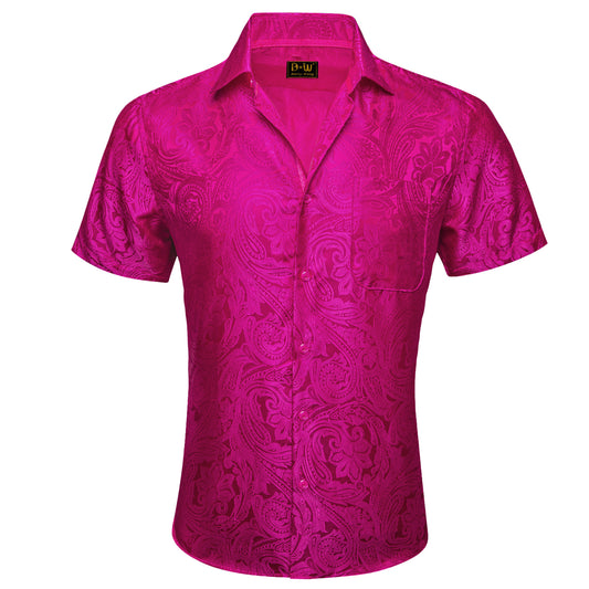 Barry. Wang Magenta Paisley Jacquard Short Sleeve Button Up Shirt for Men