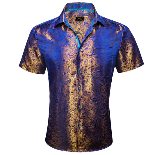 Barry. Wang Golden Blue Paisley Jacquard Short Sleeve Button Up Shirt for Men