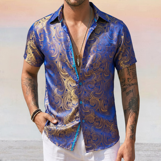 Barry. Wang Gold Paisley Short Sleeve Shirt for Men Blue Summer Casual Dress Shirt