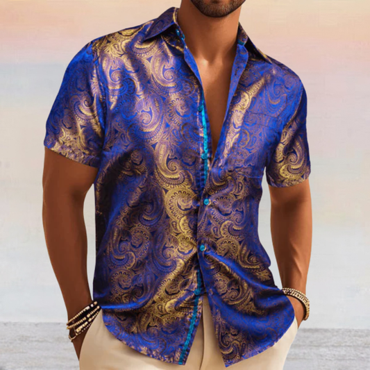 Barry. Wang Gold Paisley Short Sleeve Shirt for Men Blue Summer Casual Dress Shirt