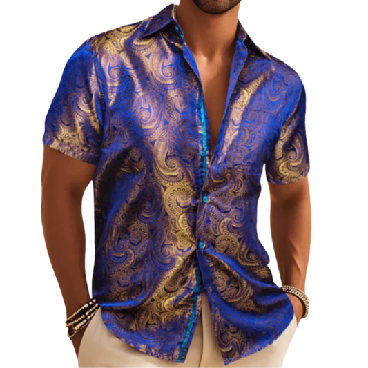 Barry. Wang Gold Paisley Short Sleeve Shirt for Men Blue Summer Casual Dress Shirt