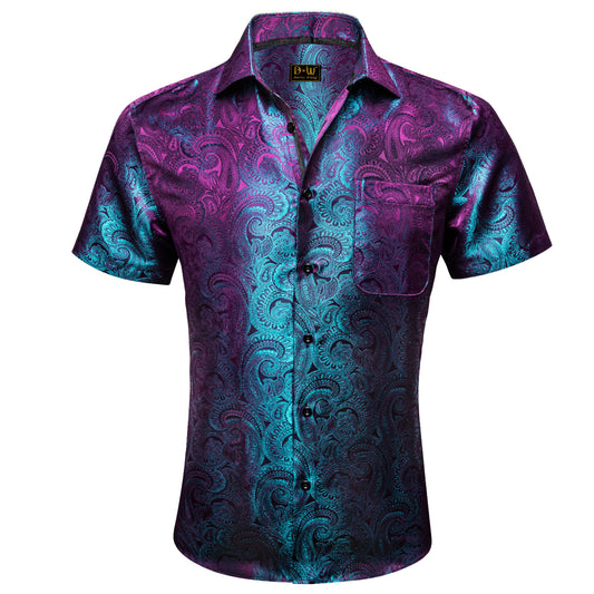 Barry. Wang Purple Blue Paisley Jacquard Short Sleeve Button Up Shirt for Men